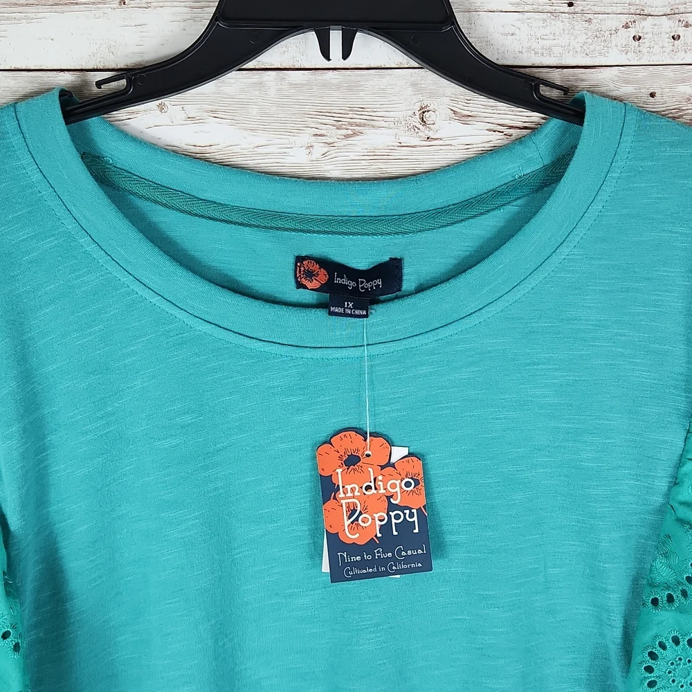 NWT, Indigo Poppy, Women's Teal top, short laced sleeves, with ruffle hemline. S - Picture 4 of 8